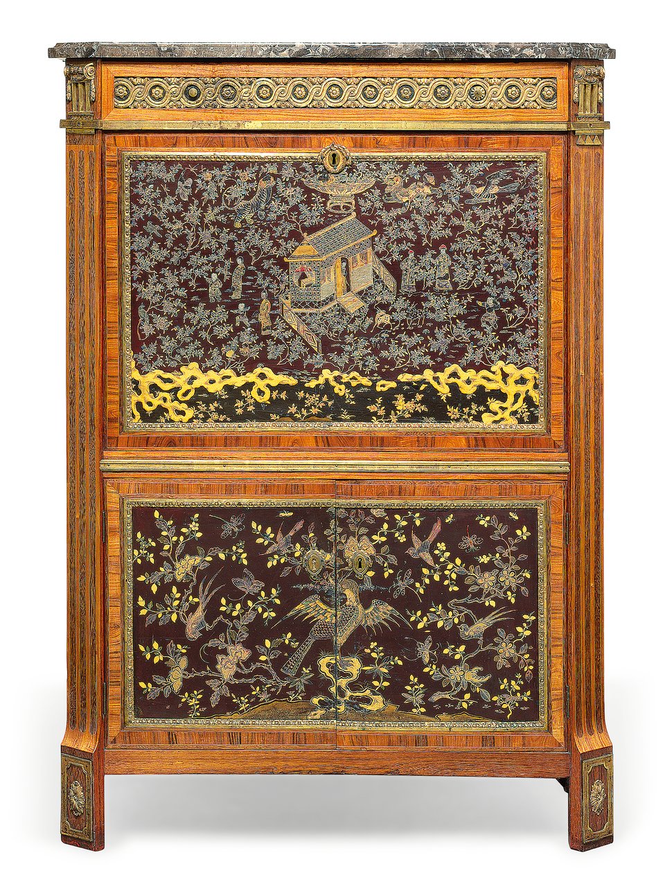 Louis XVI Secretaire a Abbatant, konec 18. století (mramor, kůže, královské dřevo montované na ormolu, tulipánové dřevo, amarant, perletí vykládaný čínský lak a japonština) (viz také 3479849) od Pierre Harry Mewesen