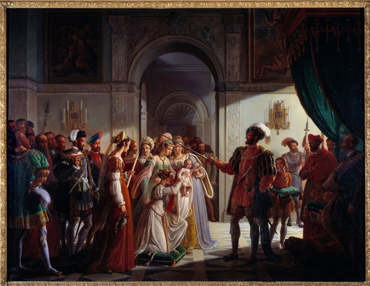 Francois I (1494-1547) ozbrojený rytíř jeho vnuk Francois II (1544-1560). Mladého prince doprovázejí jeho rodiče Jindřich II. (1519-1559) a Kateřina de Medici (Caterina de Medici) (1519-1589). Obraz Pierre Henri Revoil (1776-1842) od Pierre Henri Revoil