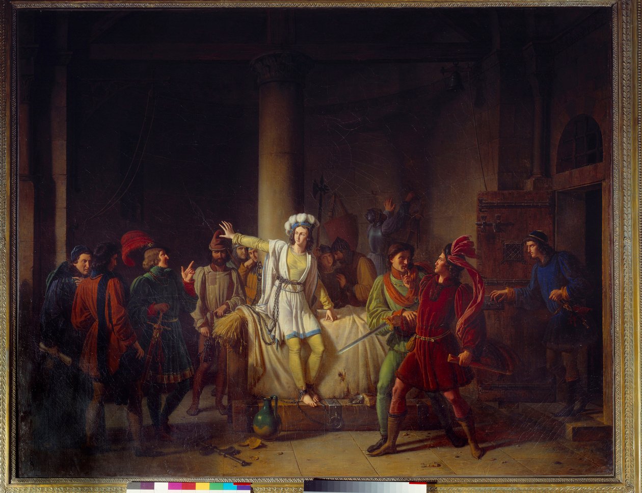 Stoletá válka: „“ Johanka z Arku (1412-1431) ve svém vězení v Rouenu“ V roce 1431 byla Johanka z Arku, obviněná z kacířství, uvězněna v žaláři hradu Philippa Augusta v Rouenu. Obraz Pierra Henri Revoila (1776-1842) 19. století Rouen musee des b od Pierre Henri Revoil