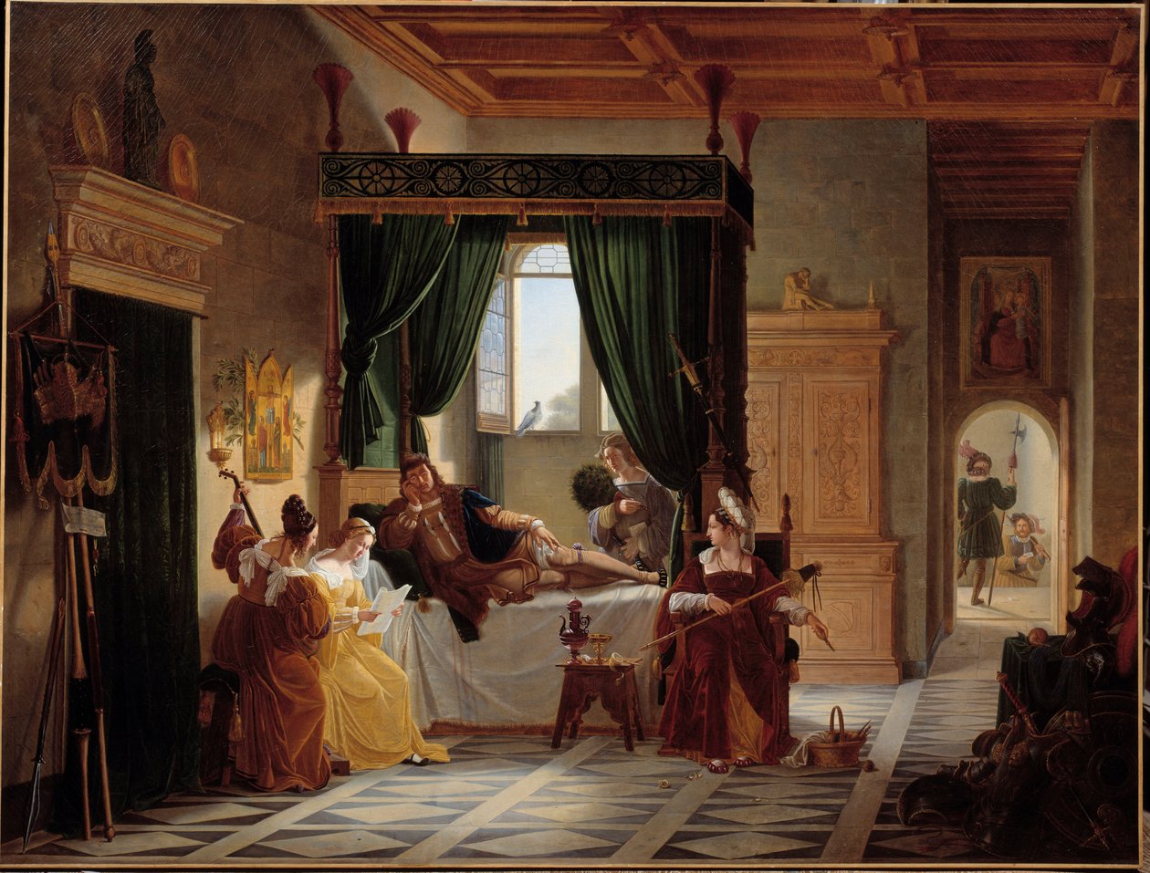 Obnova Bayardu Rytíř Pierre Terrail, pán Bayardu (1476-1524) v období rekonvalescence po obléhání Brescie. Obraz Pierra Henri Revoila (1776-1842) 19. století Sun. 1,35 x 1,77 m od Pierre Henri Revoil