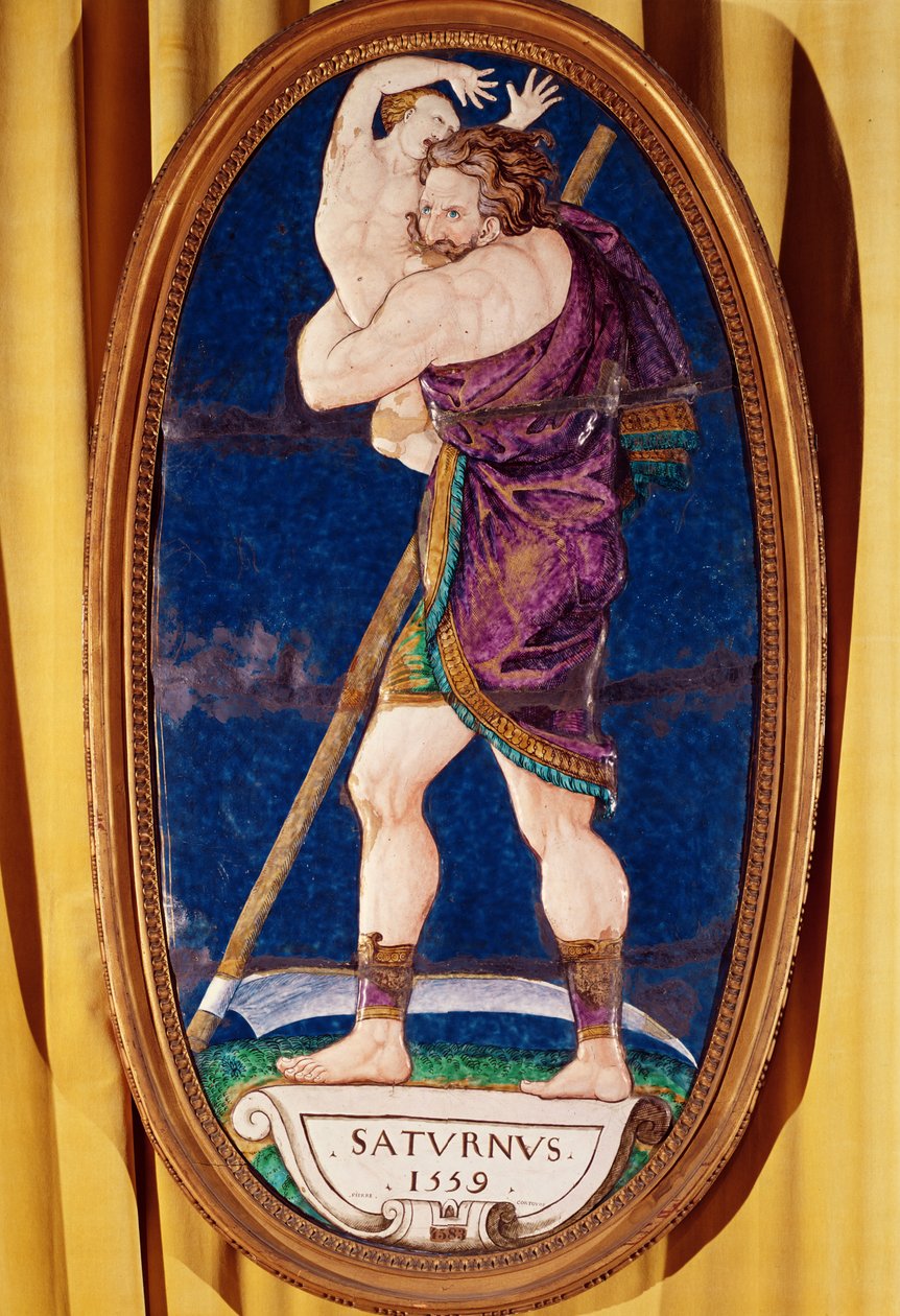 Plaketa zobrazující Saturn, z Chateau de Madrid, Neuilly, 1559 (malovaný smalt) od Pierre I Courteys