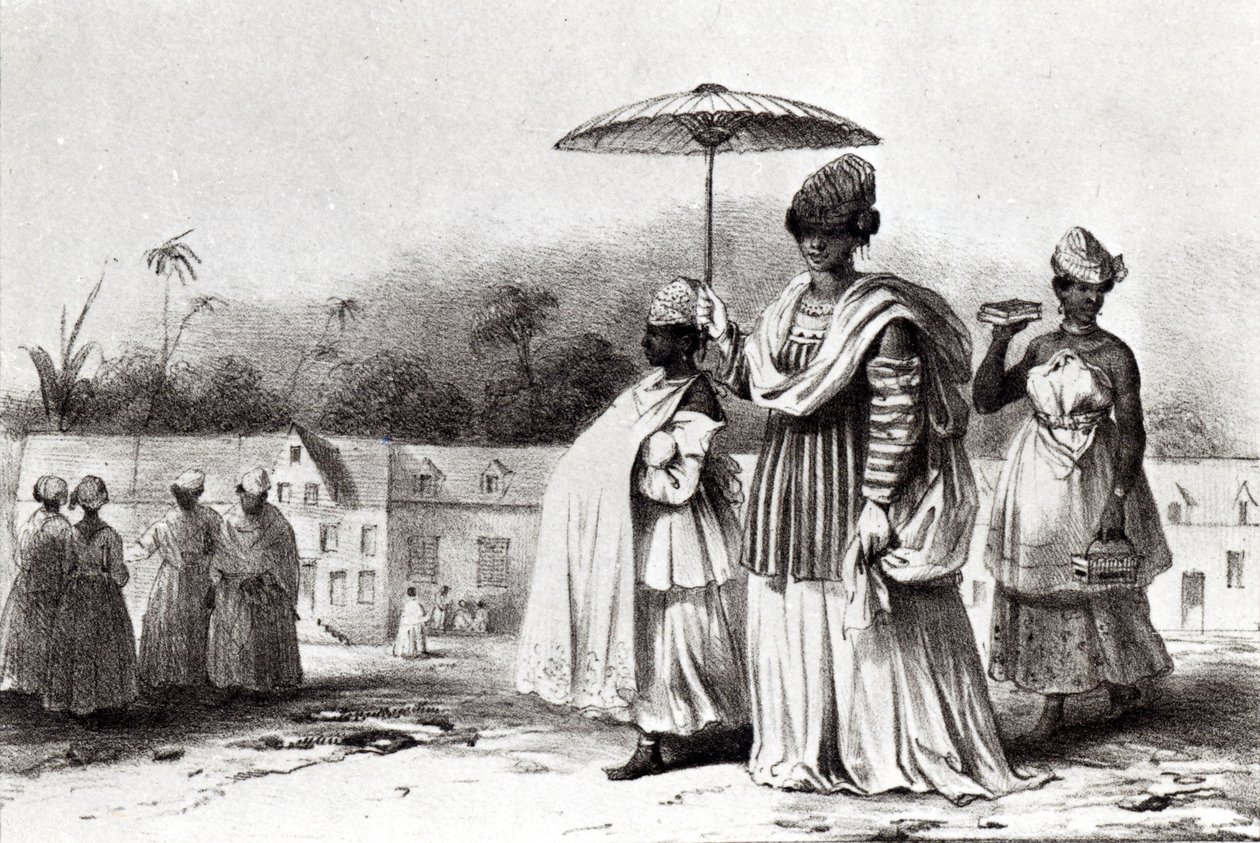 Dáma přivádí dítě na křest z „Voyage a Surinam“ od Pierre J. (after) Benoit