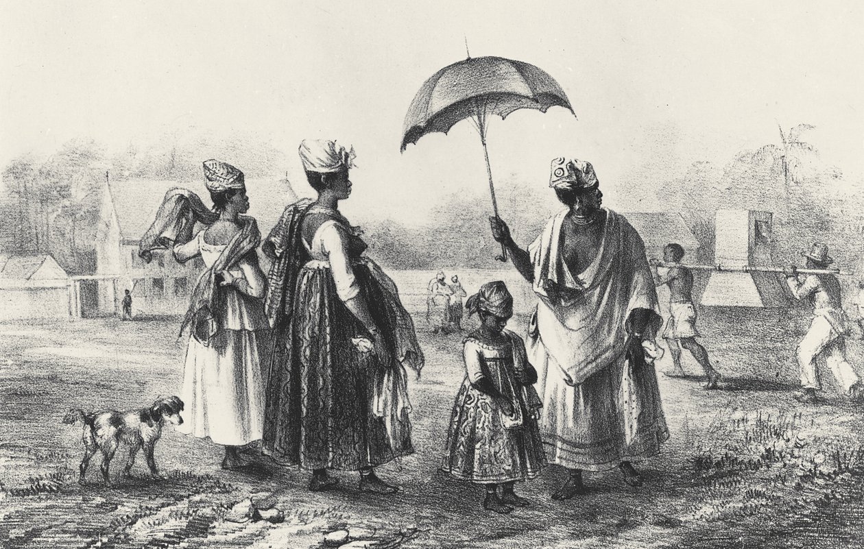 Obchodníci s otroky s dětmi, z „Voyage a Surinam“, 1839 (litho) (černobílá fotografie) od Pierre J. (after) Benoit