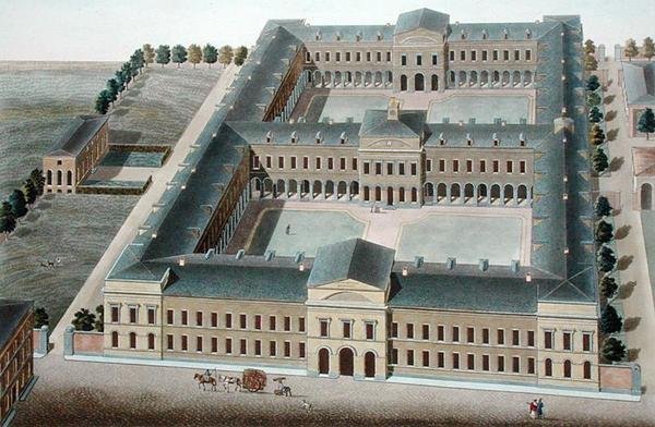 Hospic v Bruselu, z „Výběr z nejvýznačnějších památek, budov a domů Nizozemského království“ od Pierra Jacquese Goetghebuera, vyryto H.L.F. Partoes, publikoval 1827 (akvatinta) od Pierre Jacques (after) Goetghebuer