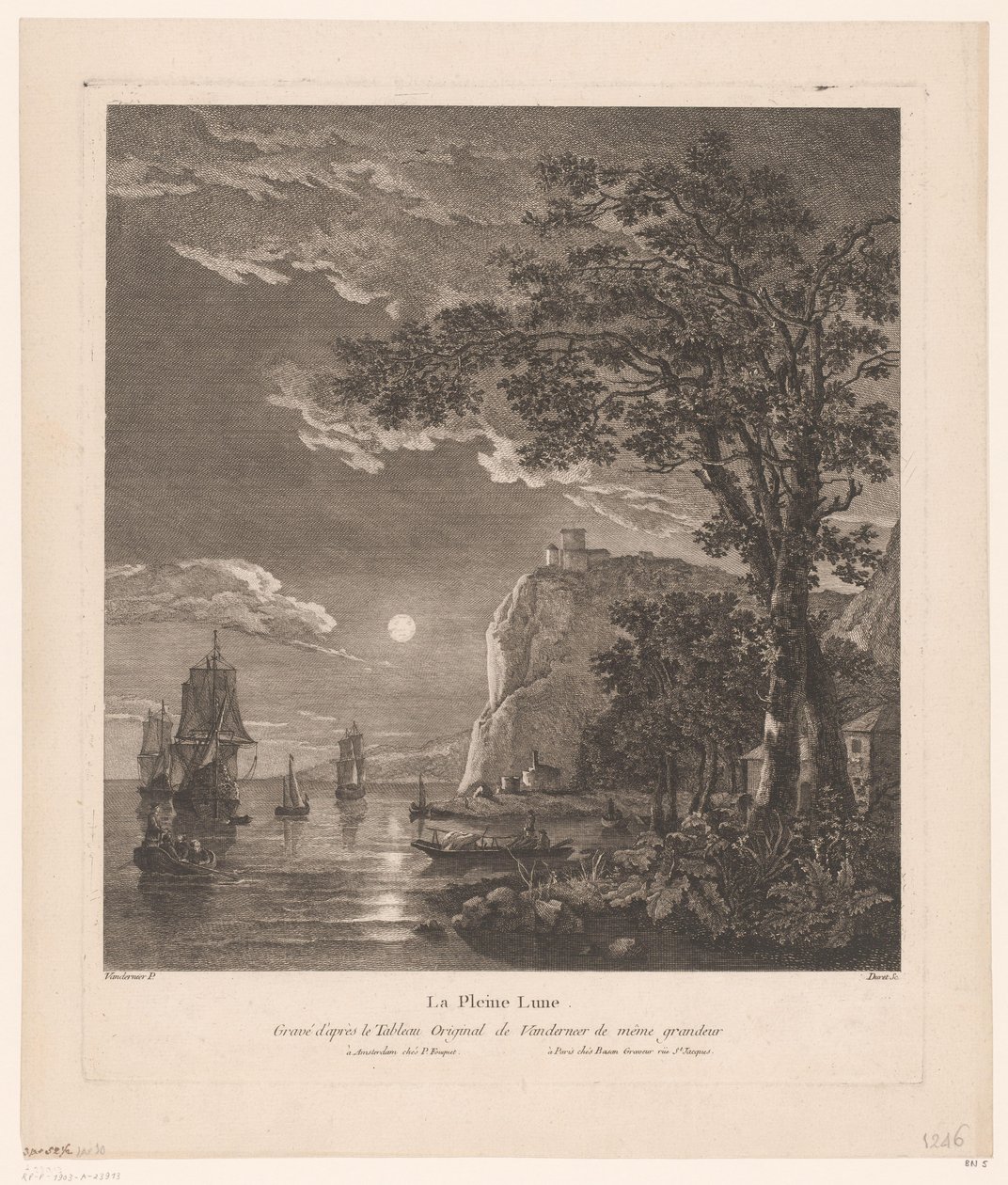 Noční krajina s loděmi na pobřeží La Pleine Lune. (název na objektu) od Pierre Jacques Duret