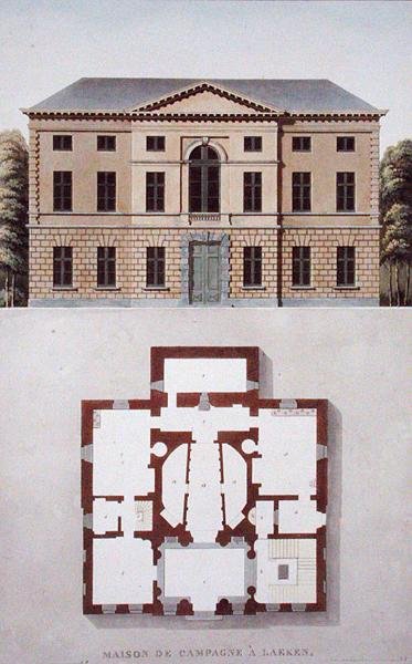 Country House v Laekenu, nedaleko Bruselu, z „Výběru z nejvýznačnějších památek, budov a domů Nizozemského království“ od Pierra Jacquese Goetghebuera, vydáno 1827 (akvatinta) od Pierre Jacques Goetghebuer