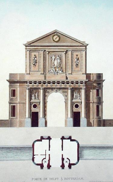 Gateway of Delft, Rotterdam, z „Výběru z nejvýznačnějších památek, budov a domů Nizozemského království“ od Pierra Jacquese Goetghebuera, vydané 1827 (akvatinta) od Pierre Jacques Goetghebuer