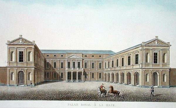 Palais Royal, Haag, z „Výběr z nejvýznačnějších památek, budov a domů Nizozemského království“ od Pierra Jacquese Goetghebuera, vydané 1827 (akvatinta) od Pierre Jacques Goetghebuer