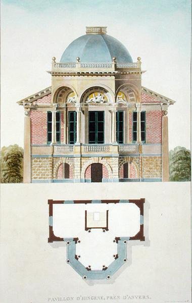 Pavilon of Hingene, poblíž Anvers, z „Výběr z nejpozoruhodnějších památek, budov a domů Nizozemského království“ od Pierra Jacquese Goetghebuera, vydáno 1827 (akvatinta) (viz také 186053) od Pierre Jacques Goetghebuer