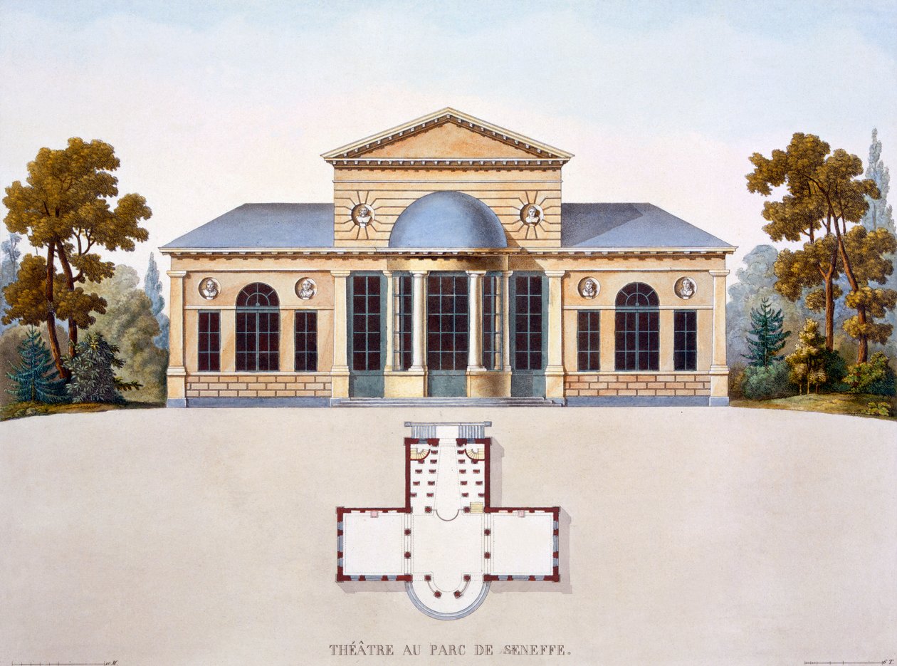 Divadlo Château de Seneffe, z „Výběr nejpozoruhodnějších památek, budov a domů Nizozemského království“, publikované 1827 od Pierre Jacques Goetghebuer