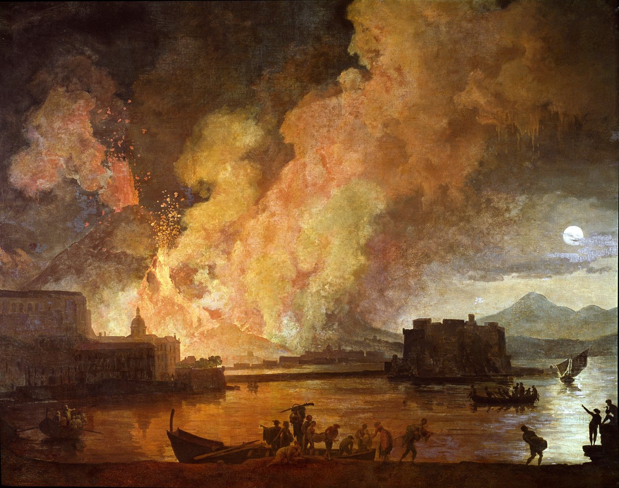 Erupce Vesuvu v Neapoli za měsíčního svitu (Malba od Pierre Jacques Volaire