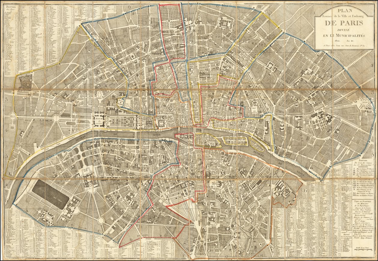 1802 mapa - Plan Routier de la Ville et Faubourg de Paris Divise en 12 Municipalities od Pierre Jean