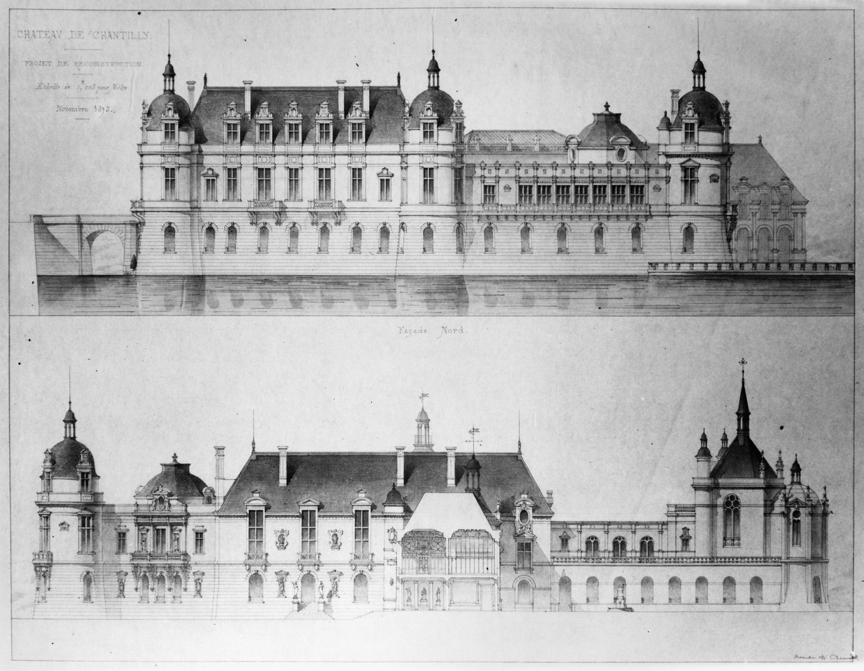 Návrh na rekonstrukci severní fasády a fasády Petit Chateau of Chateau de Chantilly, 1875 (tužka & wc na papíře) (černobílé foto) od Pierre Jerome Honore Daumet