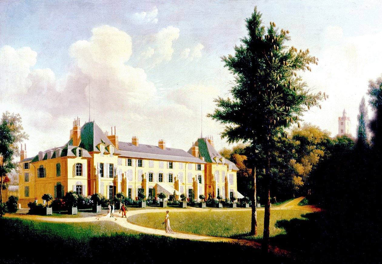 Pohled na Chateau de Malmaison (fasáda v parku), konec 18.-začátek 19. století (malba) od Pierre Joseph Petit