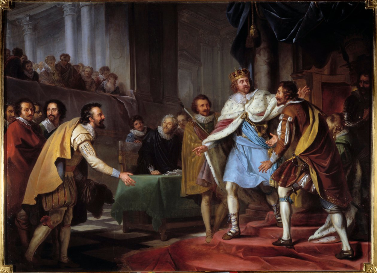 Velvyslanectví Maxmiliána z Bethune, vévody ze Sully (1560-1641) u krále Jakuba I. Stuarta v roce 1603 Velvyslanec francouzského krále Jindřich IV. přišel vyjednávat s novým anglickým králem a 9. 9. 1603 ho nazval Hampton Court . Obraz Pierra Lacoura (1747 od Pierre Lacour