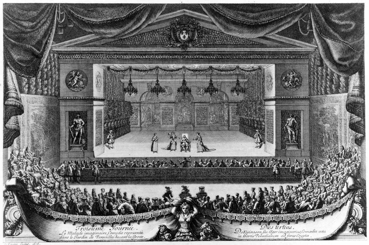 Třetí den: Le Malade imaginaire (Molière), komedie reprezentovaná v zahradě Versailles před jeskyní v roce 1676, rytina Pierra Lepautra (1660-1744) od Pierre Lepautre
