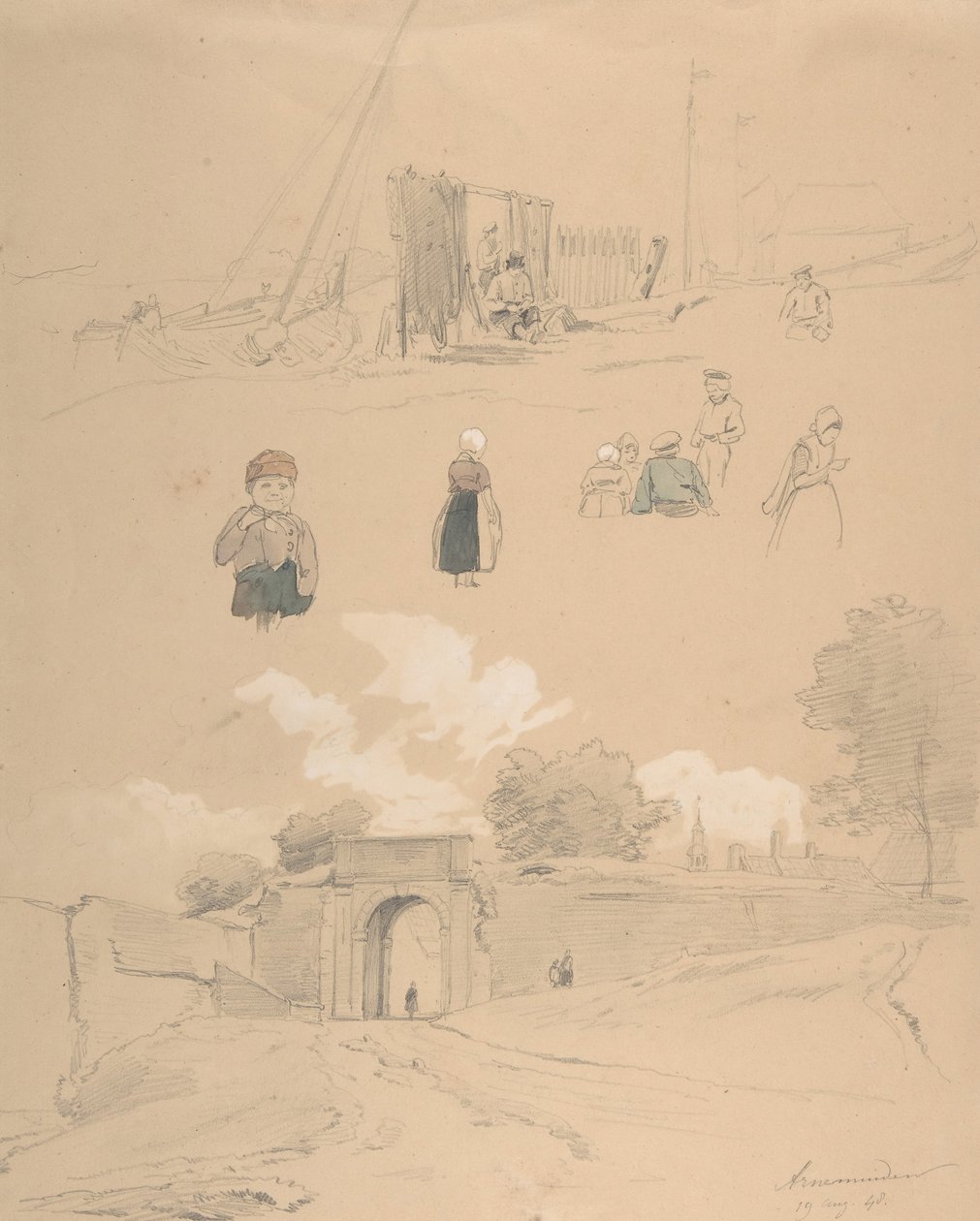 Studijní list s postavami a krajinami v Arnemuiden u Middelburgu..., polovina 19. století. od Pierre Louis Dubourcq