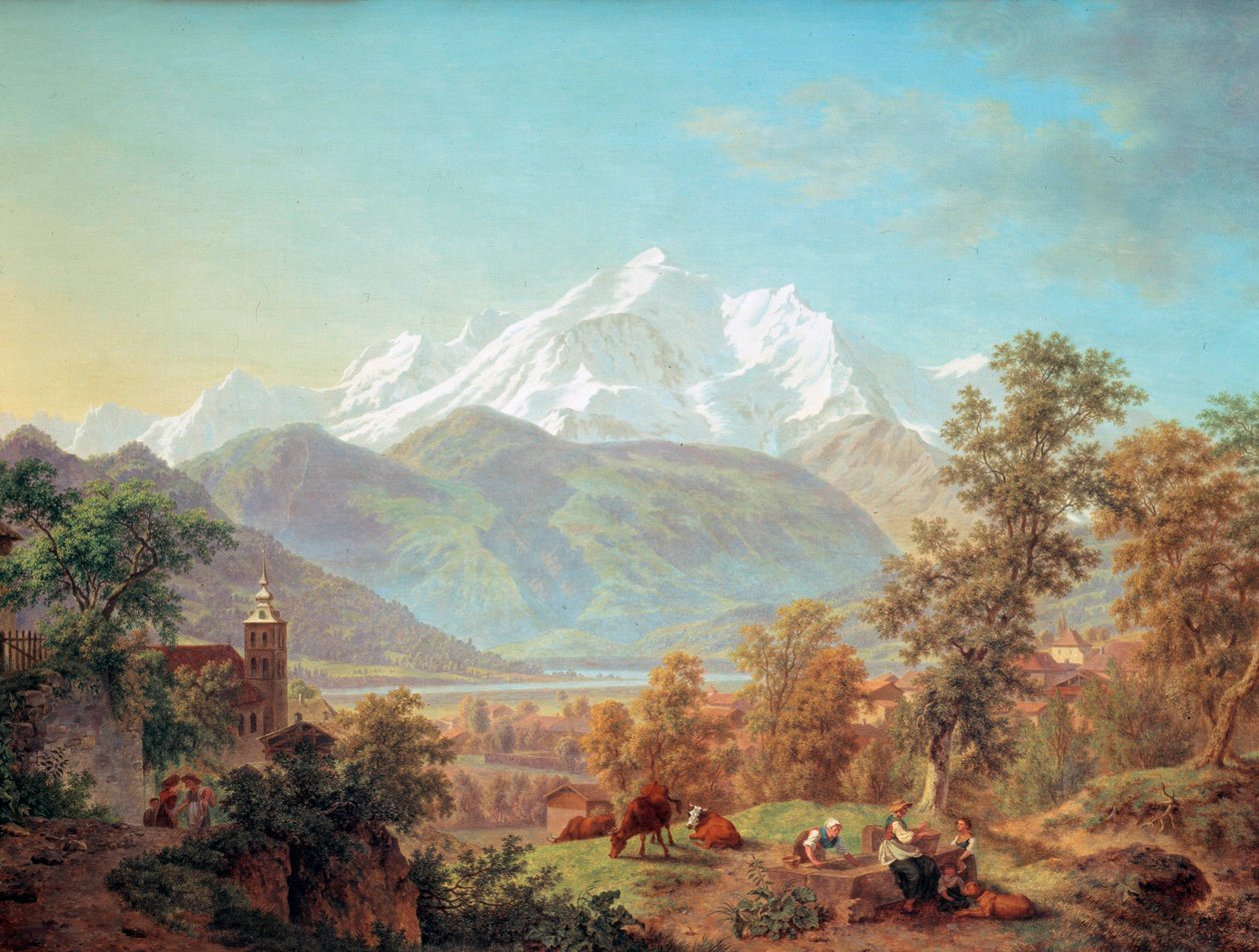 Le Mont-Blanc viděný ze Sallanches při západu slunce Malba Pierra Louise z pobřeží (1753-1817) 1802 Musee d? umění a d? historie města Ženeva ve Švýcarsku od Pierre Louis de La Rive
