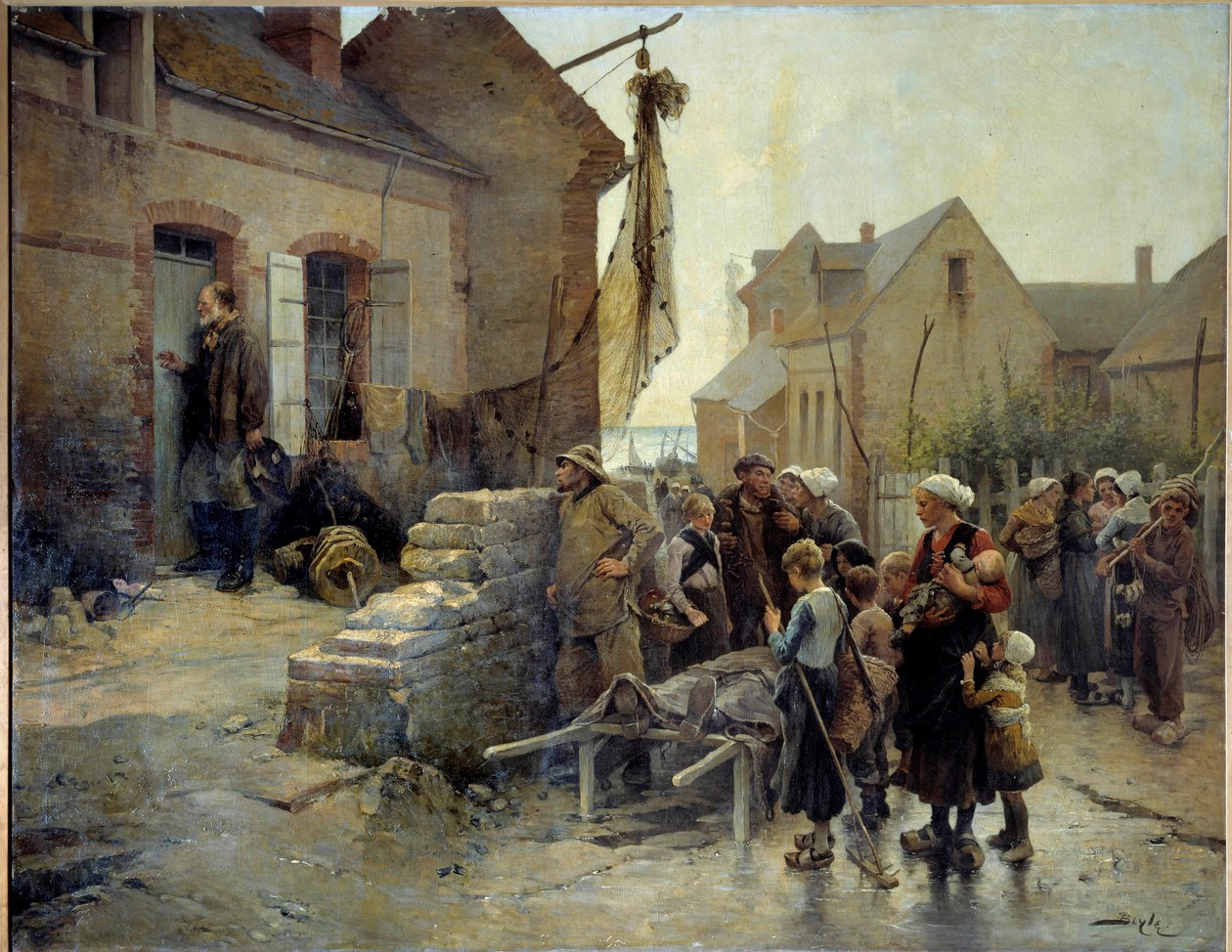 Návrat z bouře Námořník zaklepe na dveře ženy hříšníka, který zemřel v bouři, aby jí řekl novinu. Obraz Pierra Marie Beyle (1838-1902) Fecamp z 19. století, Muzeum Newfoundlandu od Pierre Marie Beyle