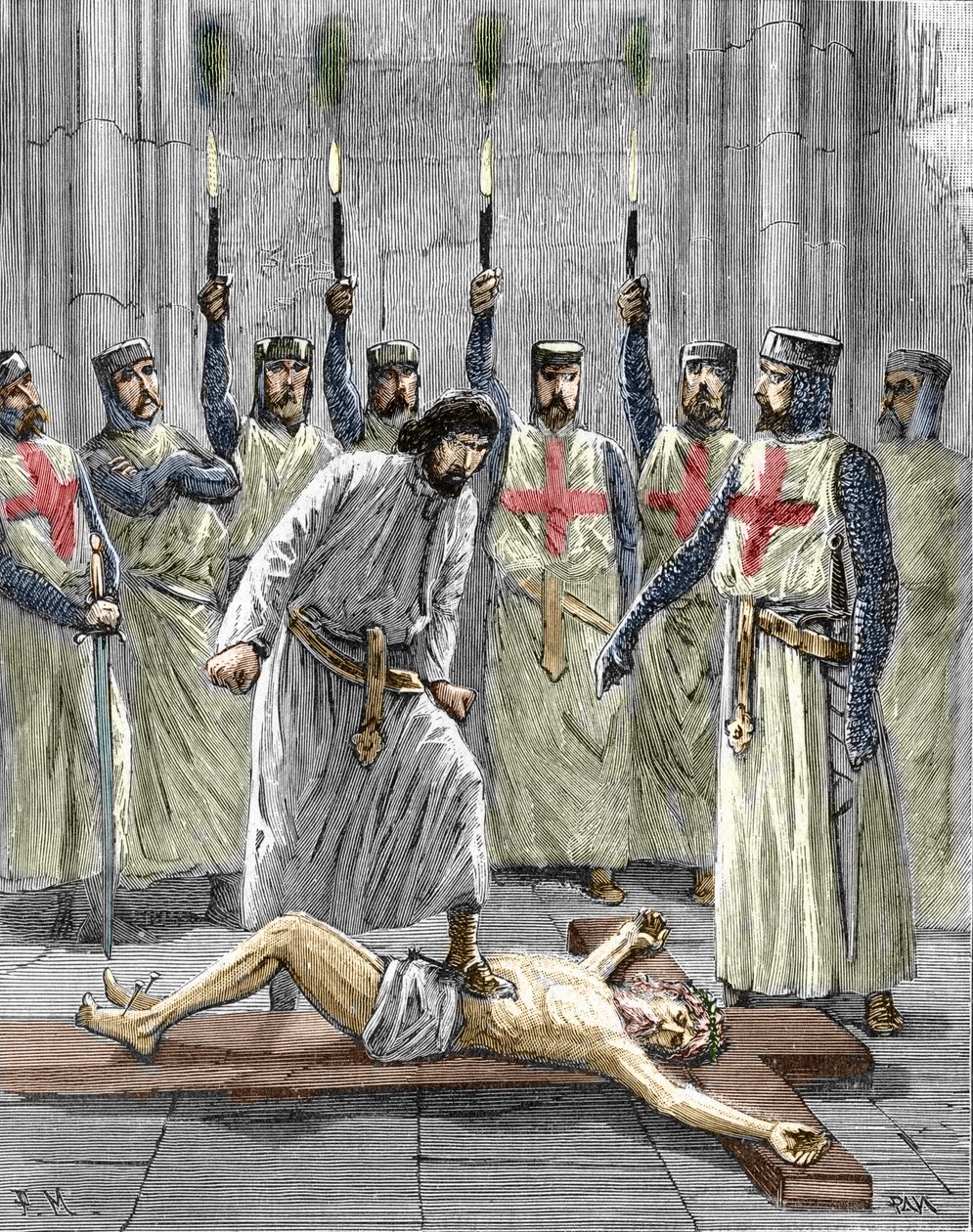 Kacířství templářů: znázornění obřadu vstupu rytíře do chrámového řádu, templář je podle doznání zveřejněných po jejich zatčení a soudu v roce 1307 nucen zapřít Krista a pošlapat kříž během od Pierre Mejanel