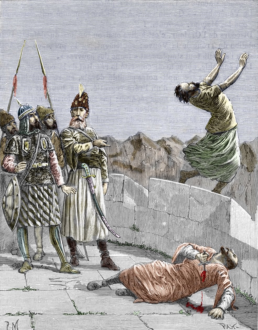 Ismailská sekta z východu nebo vrazi, které založil Hassan ibn al-Sabbah (1036-1124), známý jako starý muž z Hory, který nařídil dvěma svým fanatickým stoupencům, aby se zabili, Alamut, Persie, kolem roku 1096“ (Nizari Ismailismus: reprezentace Hassana od Pierre Mejanel