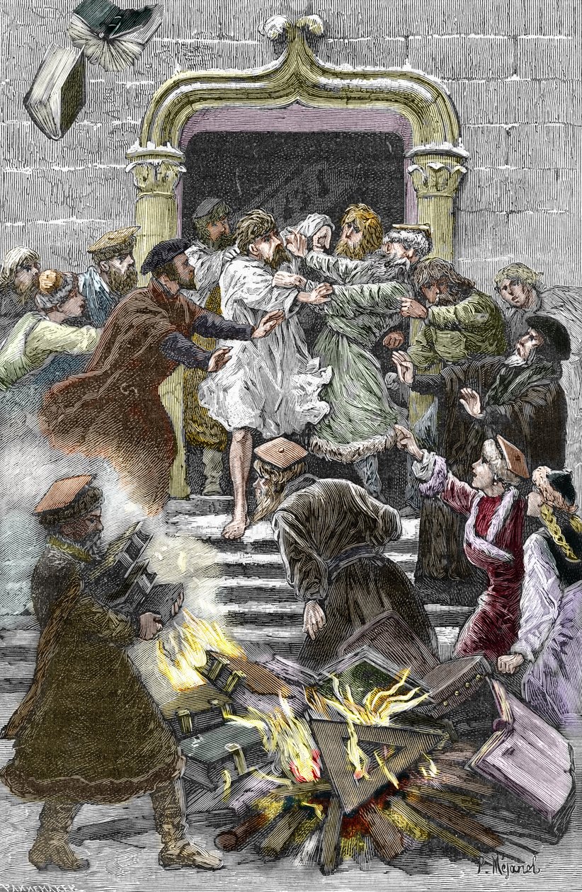 Socinianismus a Malá polská církev: Obyvatelé Krakova pálí díla Fausta Socina (Faust Socin nebo Fausto Sozzini) (1539-1604) na veřejném náměstí, čímž ho zavazují k účasti na autodafe v roce 1598 (Socinianismus a polští bratři: pálení od Pierre Mejanel