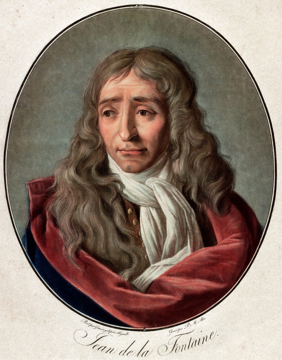 Portrét Jean de La Fontaine (Lafontaine) (1621-1695), francouzský básník rytina od Pierra Michela Alixe (1762-1817) od Ambroise Louis Garnerey (1783-1857) od Pierre Michel Alix