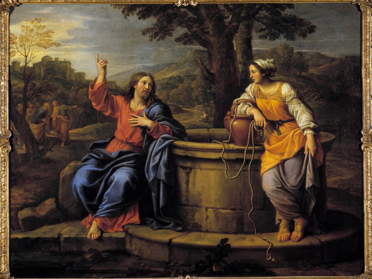 Ježíš a Samaritán Ježíš sedící k odpočinku potká Samaritánku, která přišla načerpat vodu, a žádá ji, aby se napila. Obraz Pierra Mignarda (1612-1695) Raleigh ze 17. století, muzeum umění od Pierre Mignard