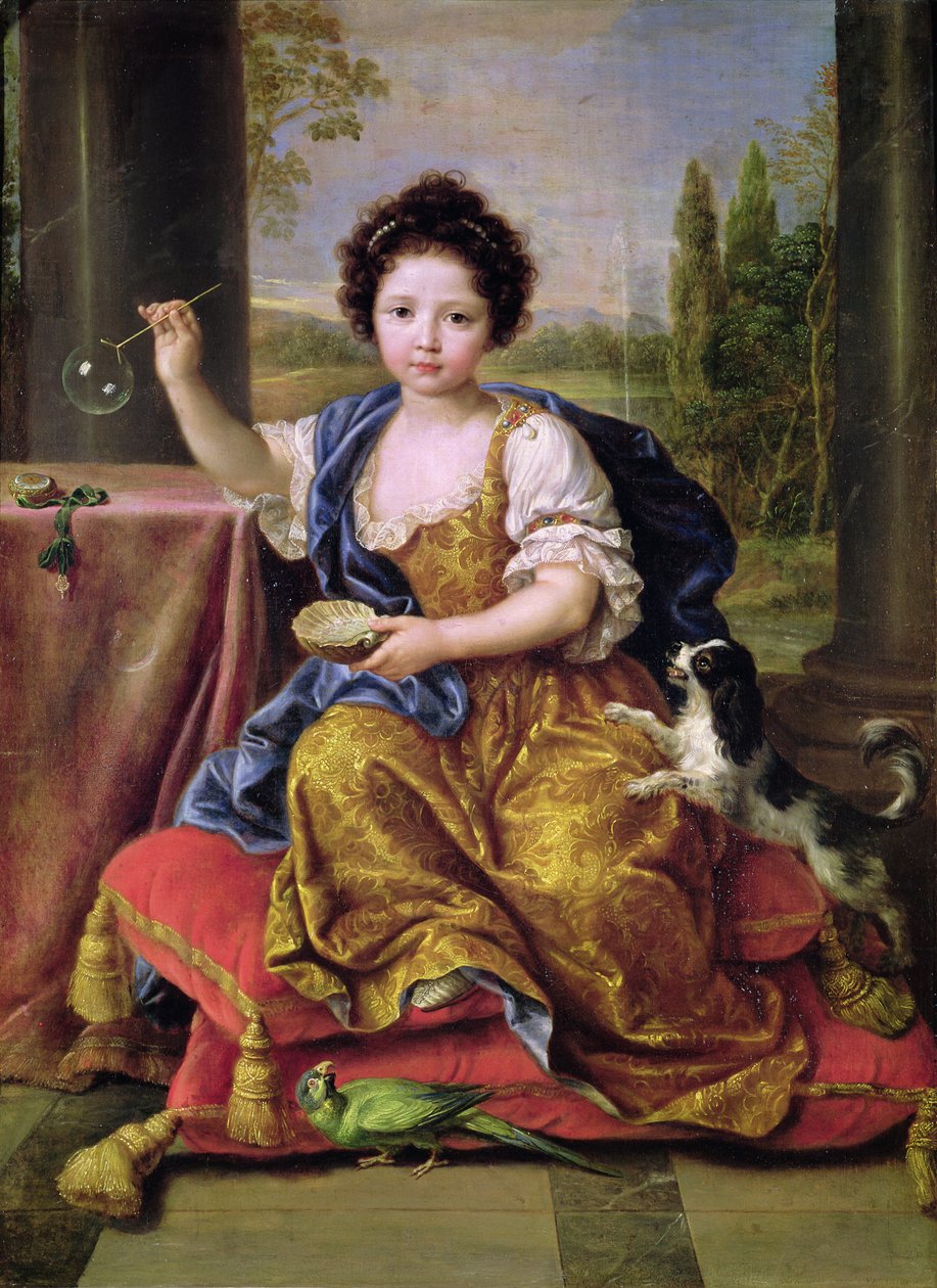 Marie-Anne de Bourbon (1666-1739) Mademoiselle de Blois, Foukání mýdlových bublin (olej na plátně) od Pierre Mignard