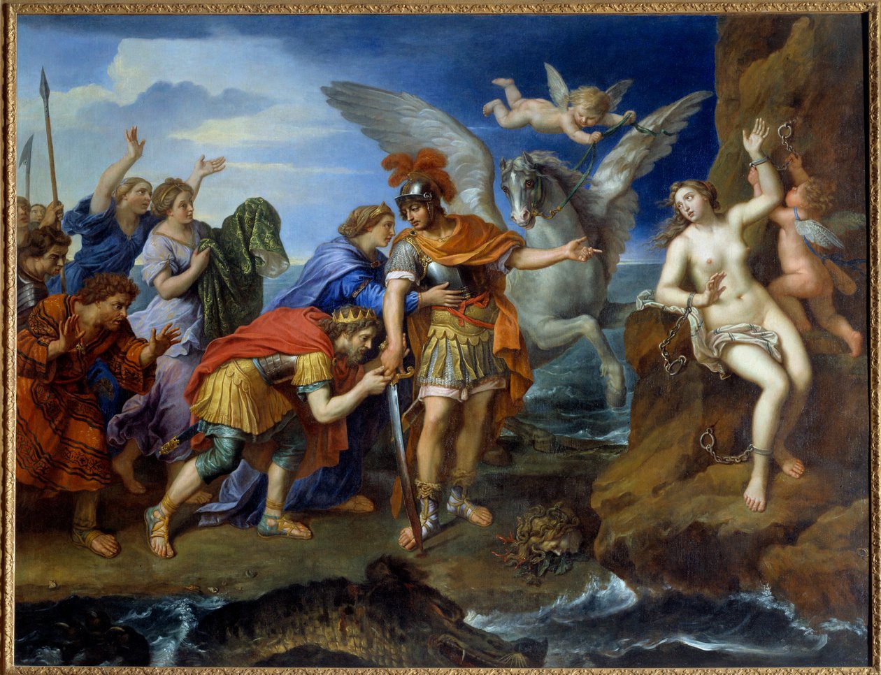 Persee delivating Andromede Andromeda připoutaná ke skále je doručena Persee a zachrání mořské monstrum. Obraz Pierra Mignarda (1612-1695) 17. stol od Pierre Mignard