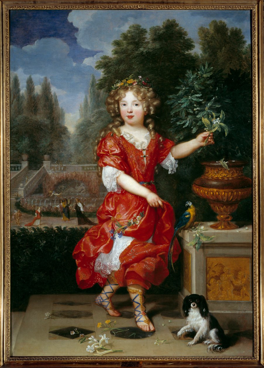 Portrét na nohou mademoiselle de Blois (1666-1739) Marie Anne de Bourbon, dcera Ludvíka XIV. a Mademoiselle de la Valliere, budoucí princezna z Conti Obraz Pierra Mignarda (1612-1695) Slunce ze 17. století. 1,38x0,98m od Pierre Mignard