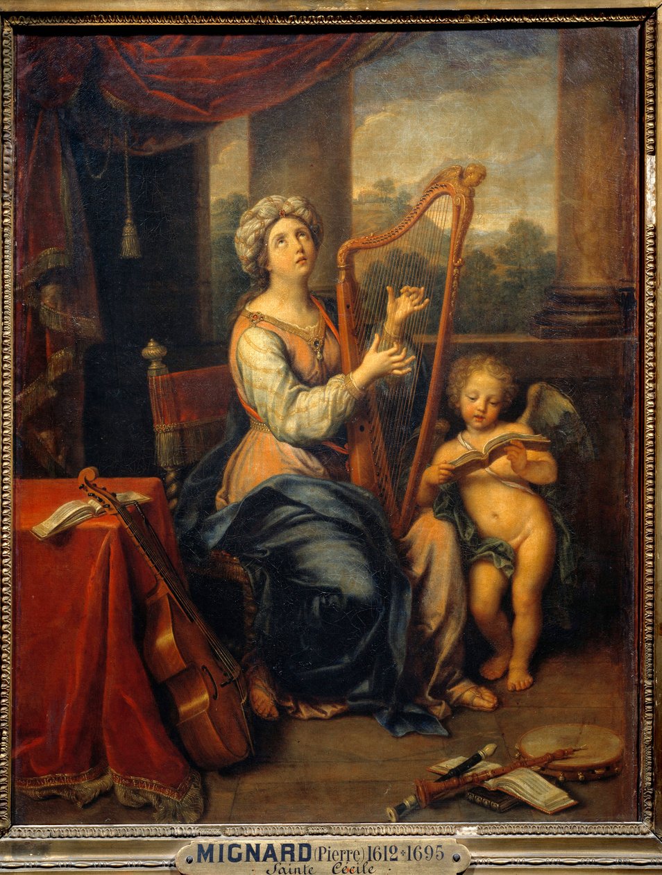 Svatá Cecile zpívá chválu Pánu Světice hraje na harfu a je obklopena nástroji. Obraz Pierra Mignarda (1612-1695) 1691 Ne. 0,74x0,56 m Paříž, Musee du Louvre od Pierre Mignard