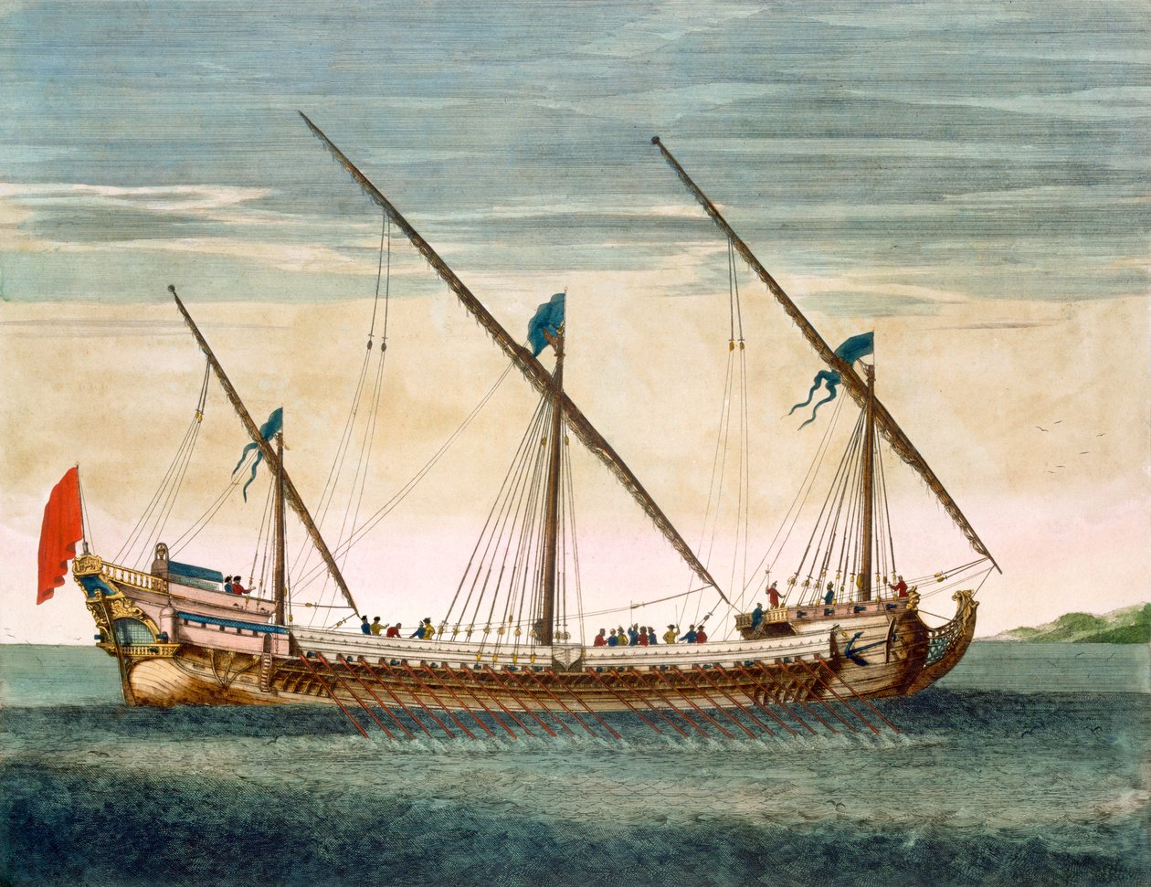Třístěžník Galleass na cestě veslem, z Le Naptune Francois, kolem 1693-1700 (ručně kolorovaná rytina) od Pierre Mortier