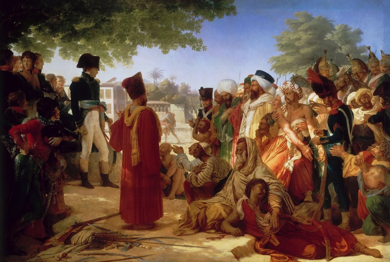 Francouzština:  Bonaparte fait grace aux revolutes du Caire 23. Octobre 1798 Napoleon Bonaparte uděluje milost povstalcům v Káhiře, 23. října 1798 od Pierre Narcisse Guerin
