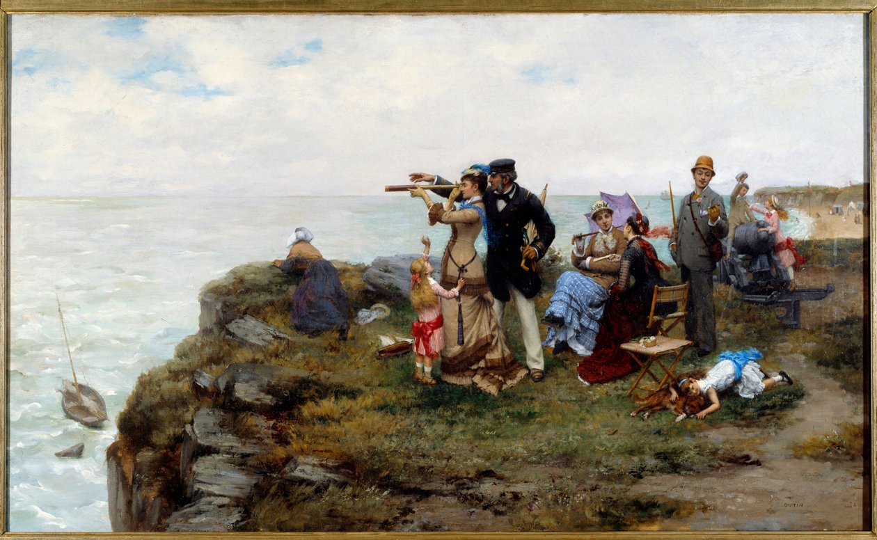 Cliffs of Etretat Turisté jdoucí po útesech. Obraz Pierra Otina (1840-1899) 1878 Soukromá sbírka od Pierre Outin