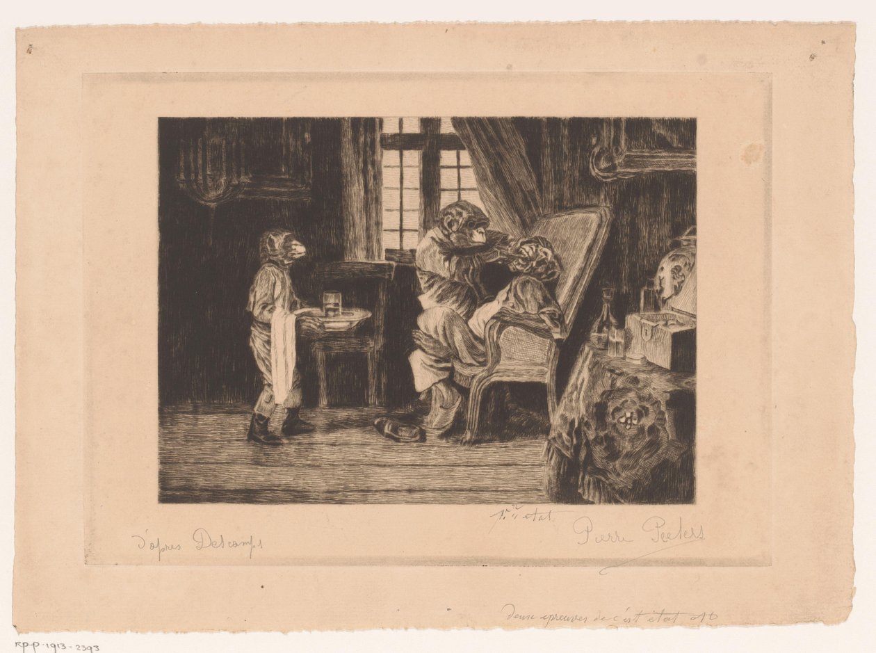 Satirické zobrazení opic jako zubaře, asistenta a pacienta od Pierre Peeters (signed by artist)