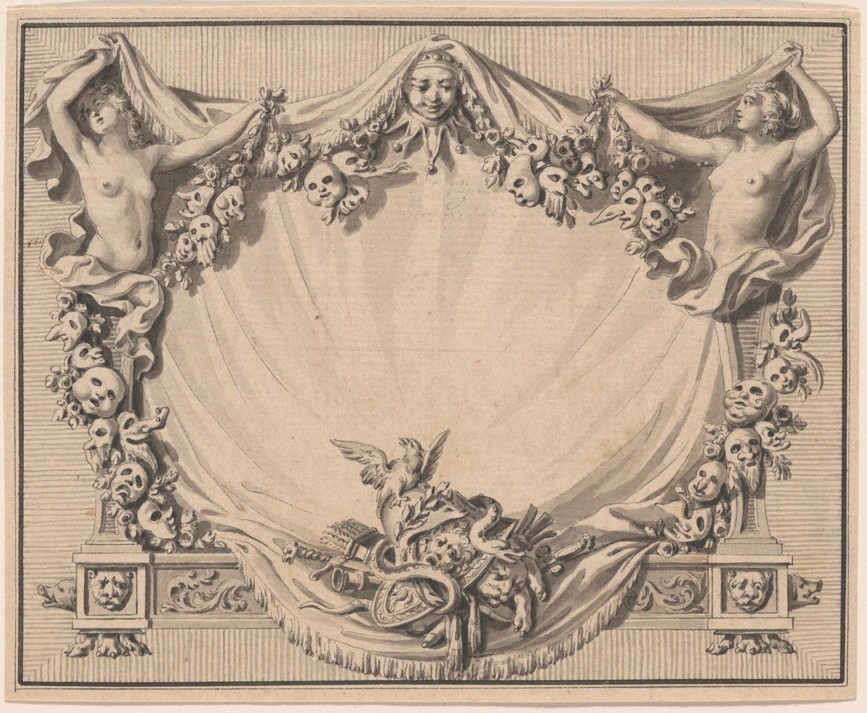 Kartuše s divadelními maskami od Pierre Philippe Choffard