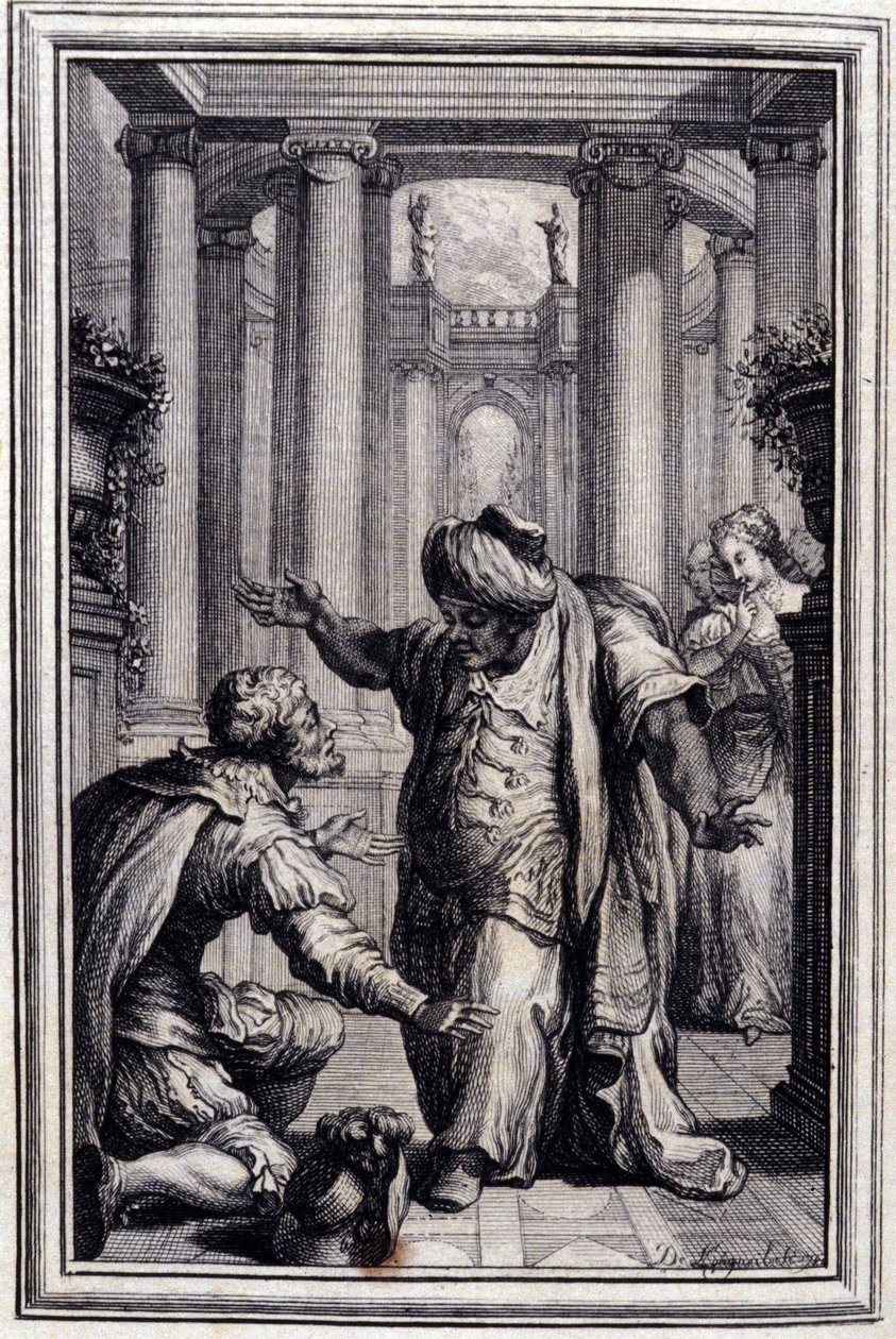 Malý pejsek, který hází penězi a kameny - v "" Příběhy a povídky ve verších"" od Jean La Fontaine. 1776. Ilustrace P. P. Choffard. od Pierre Philippe Choffard