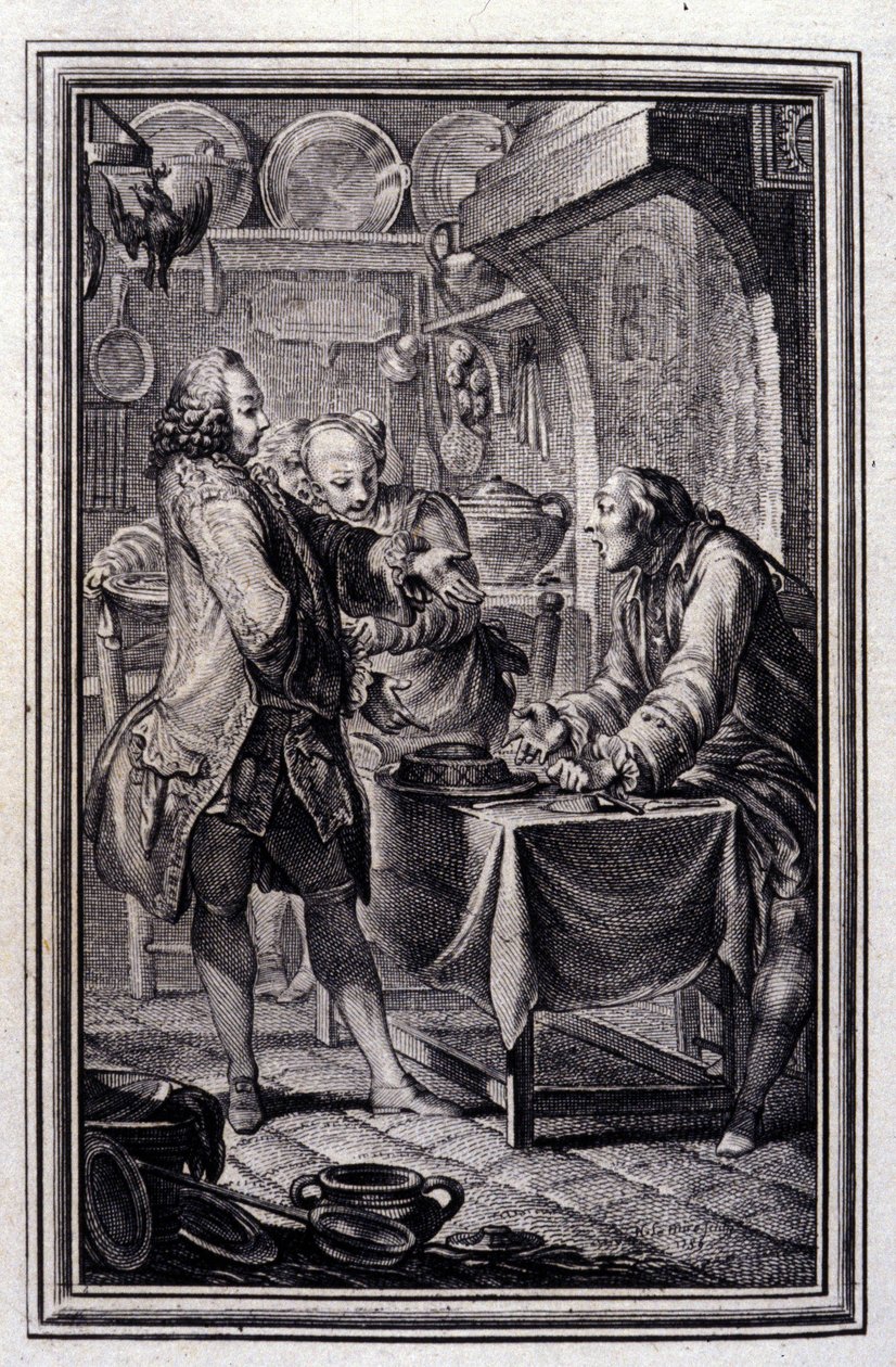 Těstoviny z úhoře. v „“ Příběhy a povídky ve verších“ od Jeana La Fontaina. 1776. Ilustrace P. P. Choffard. od Pierre Philippe Choffard