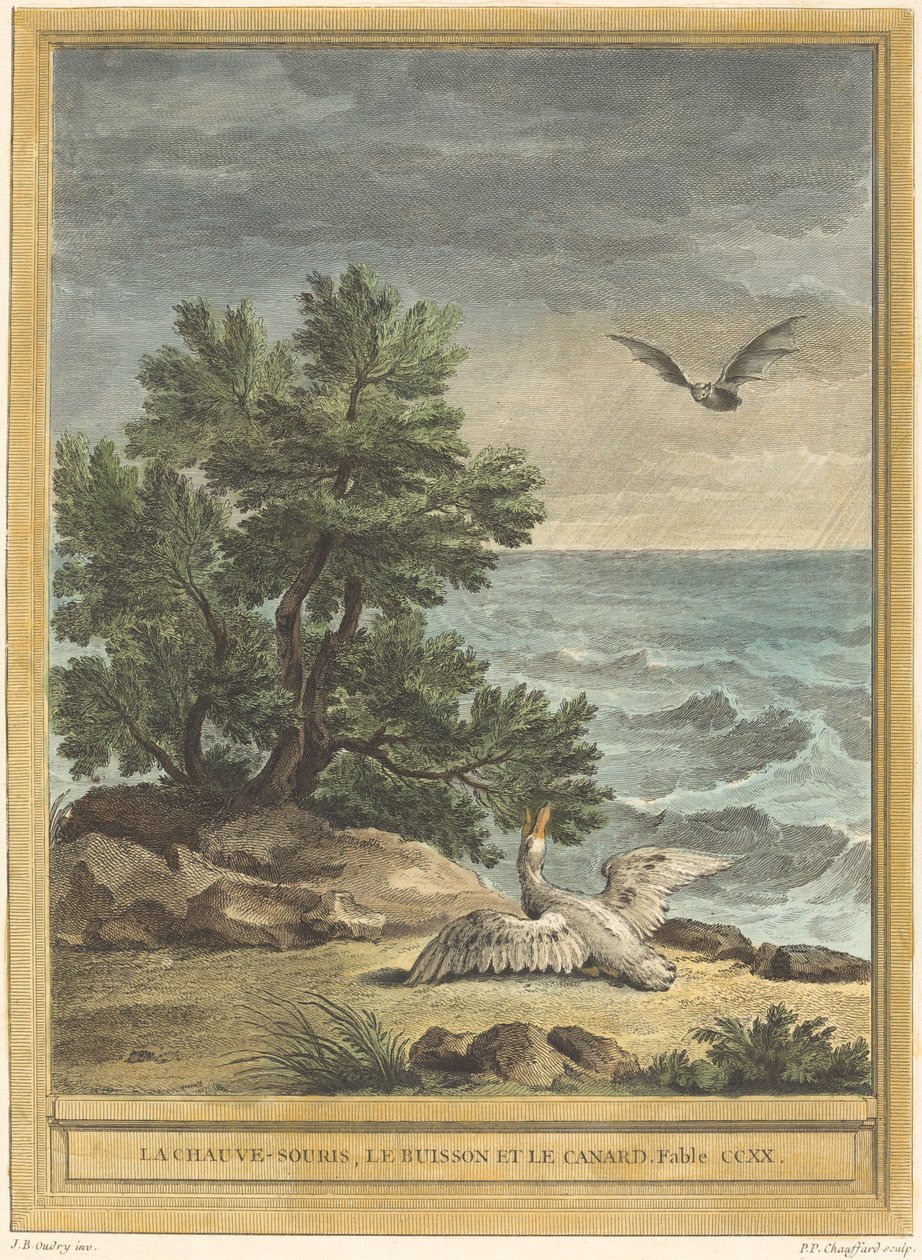 Netopýr, keř a kachna od Pierre Philippe Choffard after Jean Baptiste Oudry
