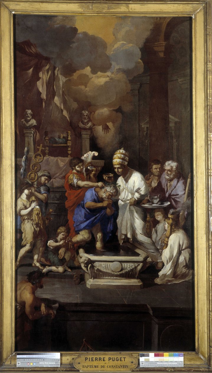 Konstantinův křest: Císař Caius Flavius Valerius Aurelius Constantinus přijímá svátost od papeže Silvestra I. (svatého) v bazilice sv. Jana Lateránského v Římě od Pierre Puget