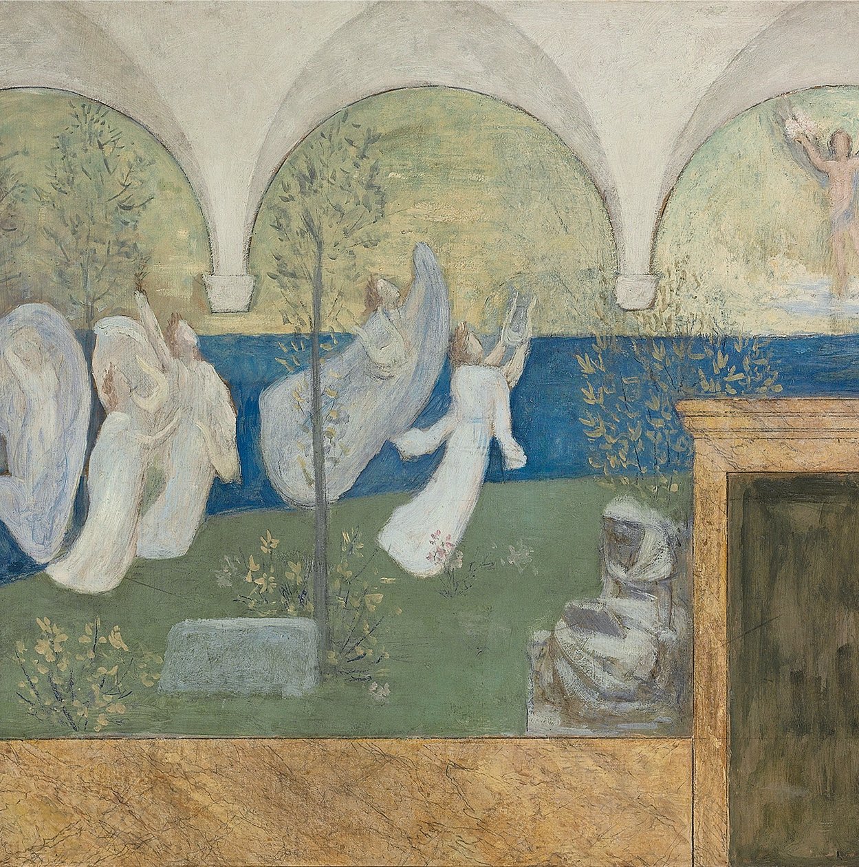 Detail z přípravného obrazu pro Inspirující múzy oslavují génia, posla světla, 1895 od Pierre Puvis de Chavannes