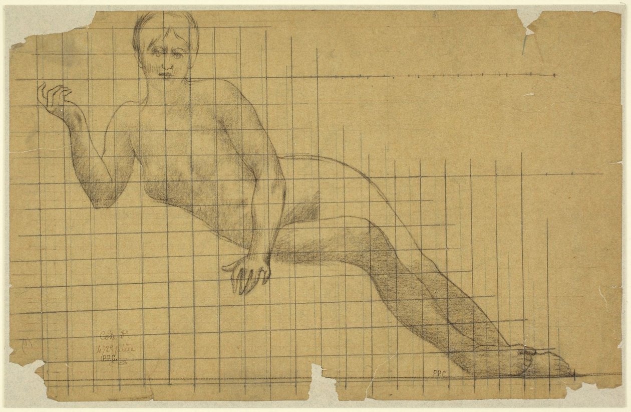 Ležící ženský akt, studie v obrácené poloze pro postavu v díle „Hemicycle of the Sorbonne: Letters, Science, and Arts“, Sorbonne, Paříž od Pierre Puvis de Chavannes