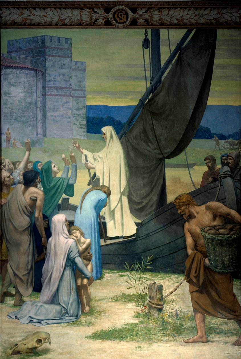Sainte Genevieve zásobuje Pařížany obležené armádou Attily, krále Hunů. Freska od Pierra Puvise De Chavannes (1824-1898) Paříž 19. století. Panteon od Pierre Puvis de Chavannes