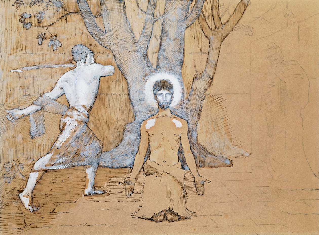 Studie na stětí hlavy Jana Křtitele (kresba perem, tuší, tužkou a akvarelem) od Pierre Puvis de Chavannes