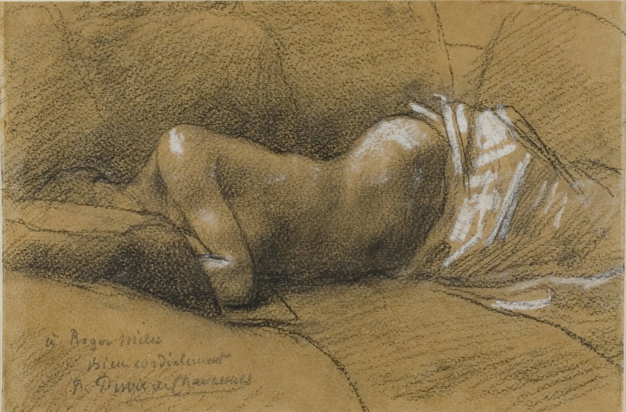 Studie spící ženy, kolem roku 1867 (černá pastelka Conté, zvýrazněna bílým pastelem, na světle tkaném papíře, položeno na krémové kartě) od Pierre Puvis de Chavannes