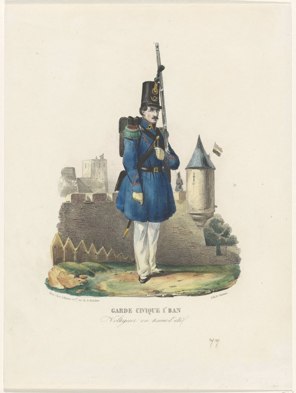Belgische burgerwacht op wacht, 1830 Občanská garda 1r Ban / Voltigeur v letních šatech (název na objektu) od Pierre Simonau