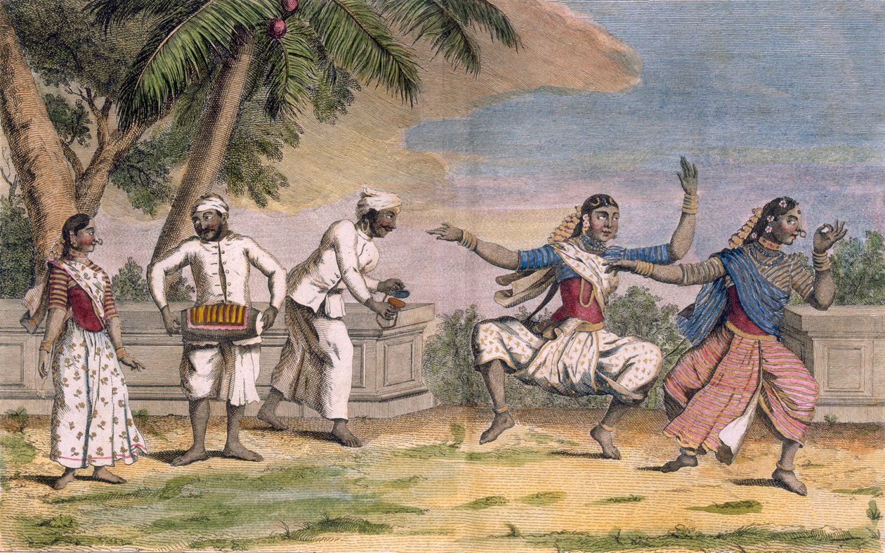 Soubor indiánských tanečnic s mužskými hudebníky, ilustrace z "Voyage aux Indes et a la Chine", vyryl Poisson, 1782 (barevná rytina) od Pierre Sonnerat