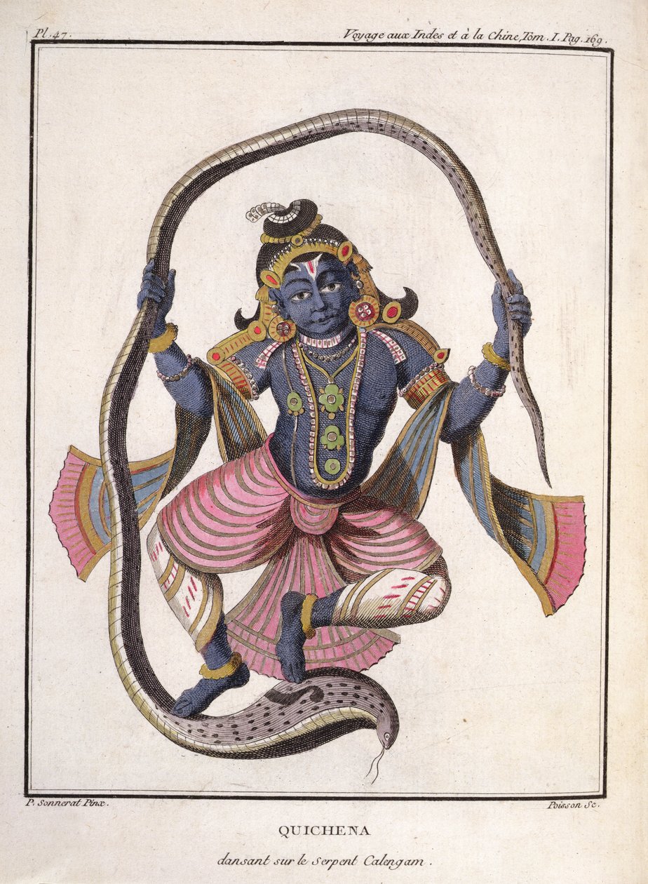 Krišna tančí na hadovi Kaliya, z „Voyage aux Indes et a la Chine“ od Pierra Sonnerata, vyryto Poissonem, vydáno 1782 od Pierre Sonnerat