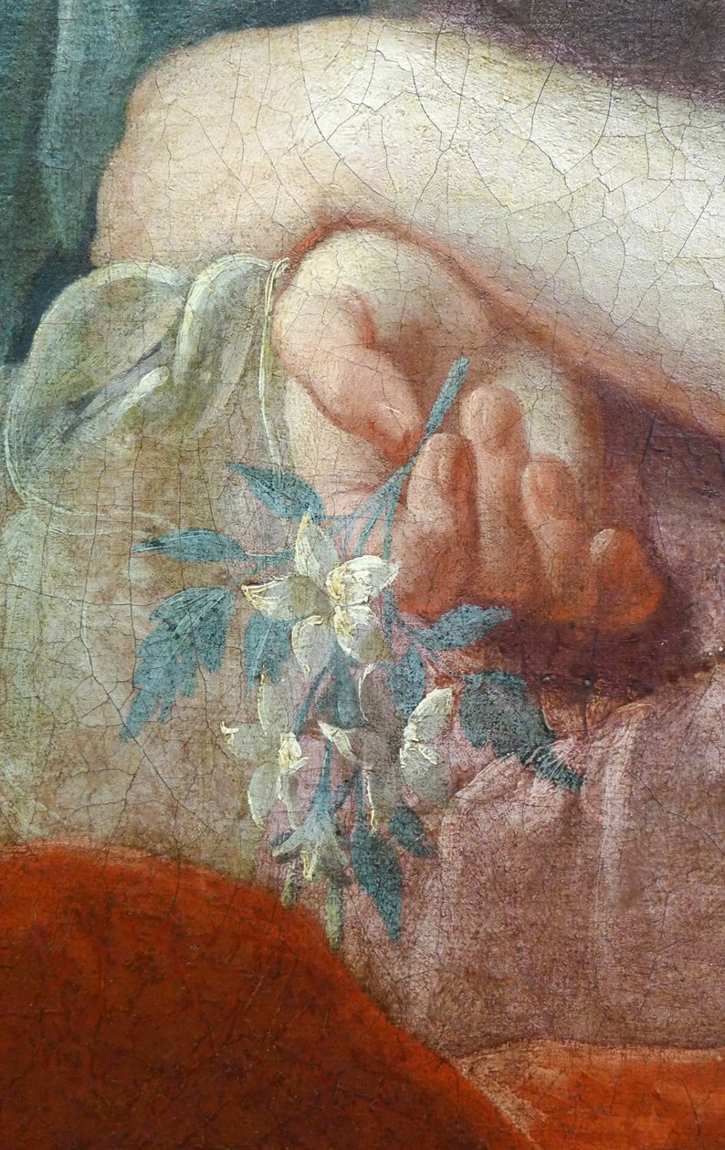Ruka mladé ženy držící kvetoucí větev. Detail portrétu Madame Poulhariex a její dcery, kolem roku 1728 (olej na plátně) od Pierre Subleyras